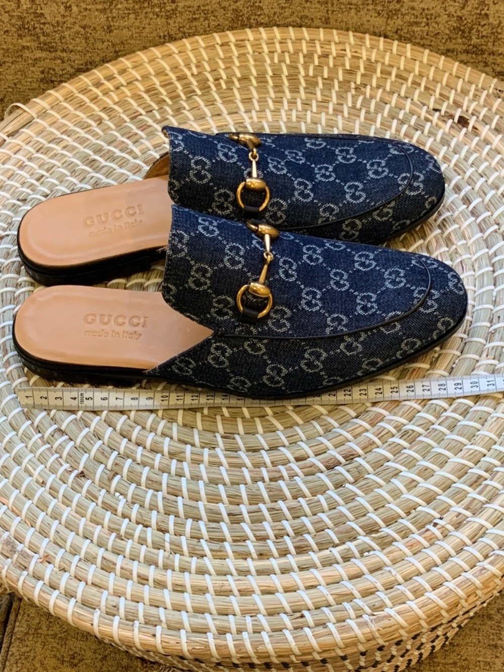 Gucci Navy GG Denim Horsebit Backless Mules